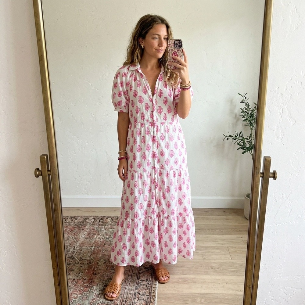 Roller Rabbit Target Womens Dress Medium Pink White Block Print Tiered Maxi Boho